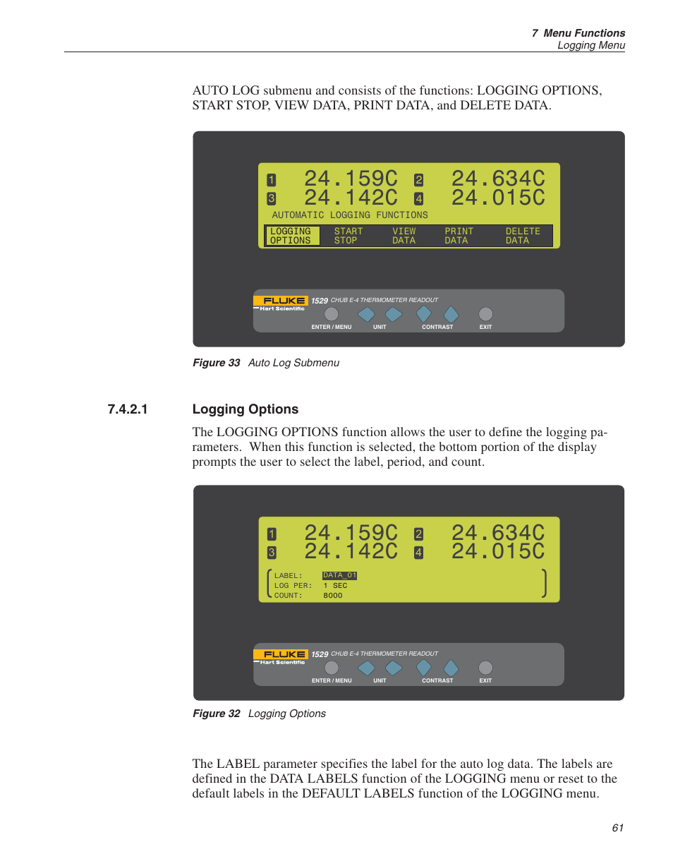 1 logging options 61, Figure 32 logging options 61, Figure 33 auto log submenu 61 | Data labels 61, 67, Logging options 61, Logging options, Figure 32, Figure 33, Auto log submenu, 159c | Fluke 1529 Chub-E4 User Manual | Page 67 / 154