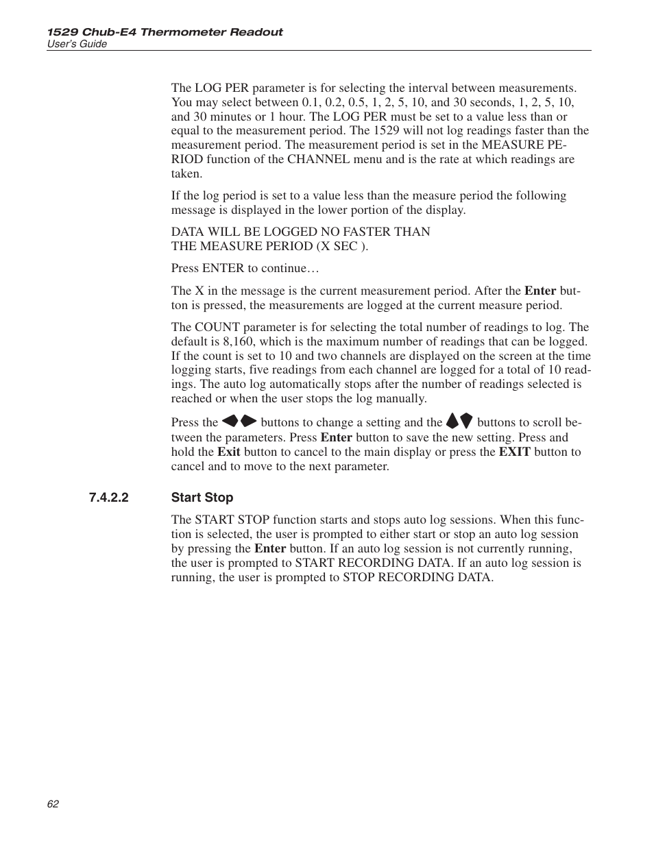 2 start stop 62, Log count 62, Log period 62 | Logging 62, Start 62, Stop 62, Start stop | Fluke 1529 Chub-E4 User Manual | Page 68 / 154