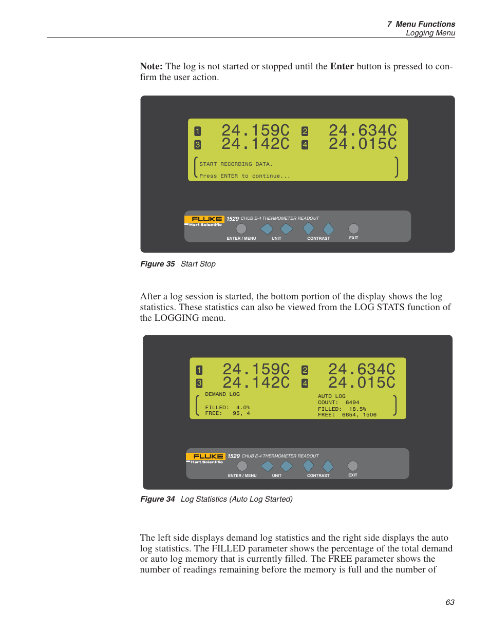 Figure 34 log statistics (auto log started) 63, Figure 35 start stop 63, Figure 34 | Log statistics (auto log started), Figure 35, Start stop, 159c, 142c, 634c, 015c | Fluke 1529 Chub-E4 User Manual | Page 69 / 154