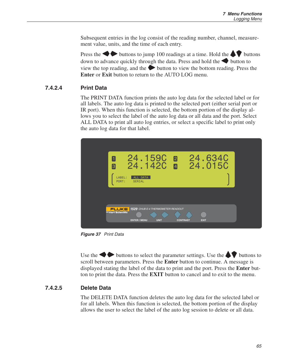 4 print data 65, 5 delete data 65, Figure 37 print data 65 | Print data, Delete data, Figure 37, 159c, 142c, 634c, 015c | Fluke 1529 Chub-E4 User Manual | Page 71 / 154