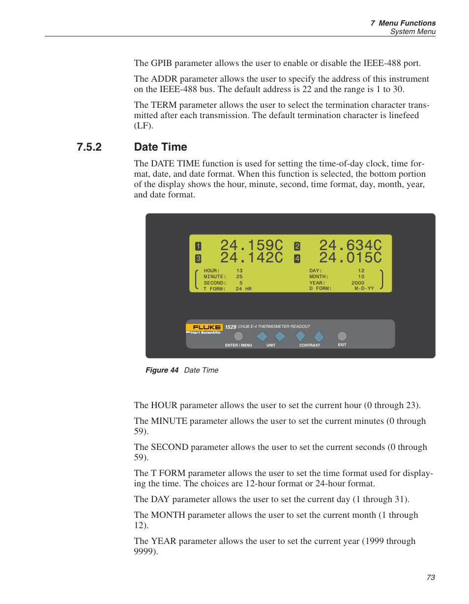 2 date time 73, Figure 44 date time 73, Date time 73 | Date time, Figure 44, 159c, 142c, 634c, 015c, 2 date time | Fluke 1529 Chub-E4 User Manual | Page 79 / 154