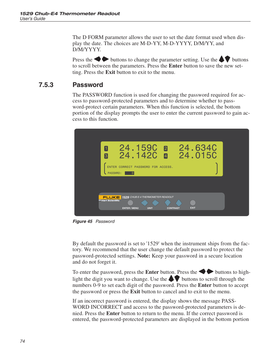 3 password 74, Figure 45 password 74, Password 74 | Password, Figure 45, 159c, 142c, 634c, 015c, 3 password | Fluke 1529 Chub-E4 User Manual | Page 80 / 154