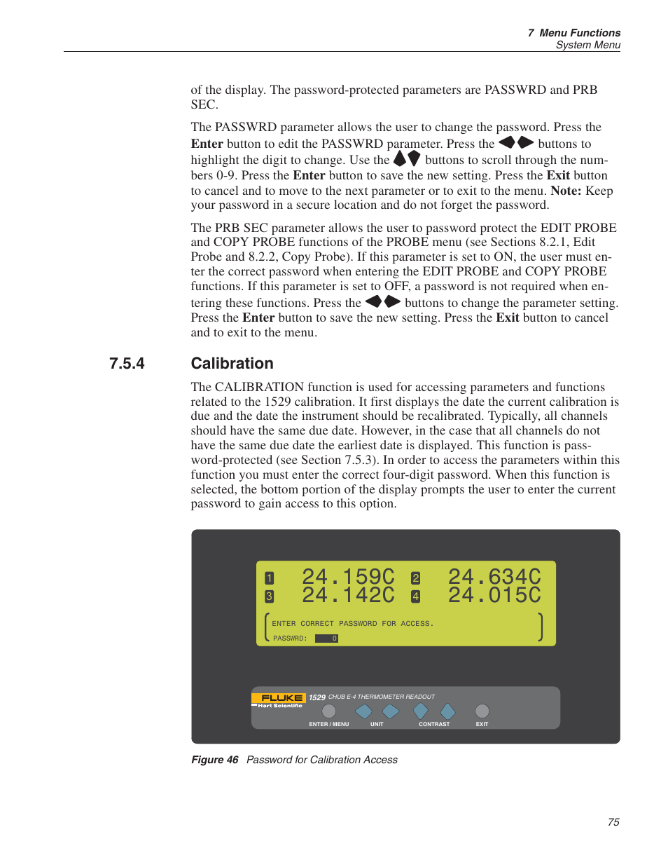 4 calibration 75, Figure 46 password for calibration access 75, Calibration 75 | Password 75, Calibration, Figure 46, Password for calibration access, 159c, 142c, 634c | Fluke 1529 Chub-E4 User Manual | Page 81 / 154