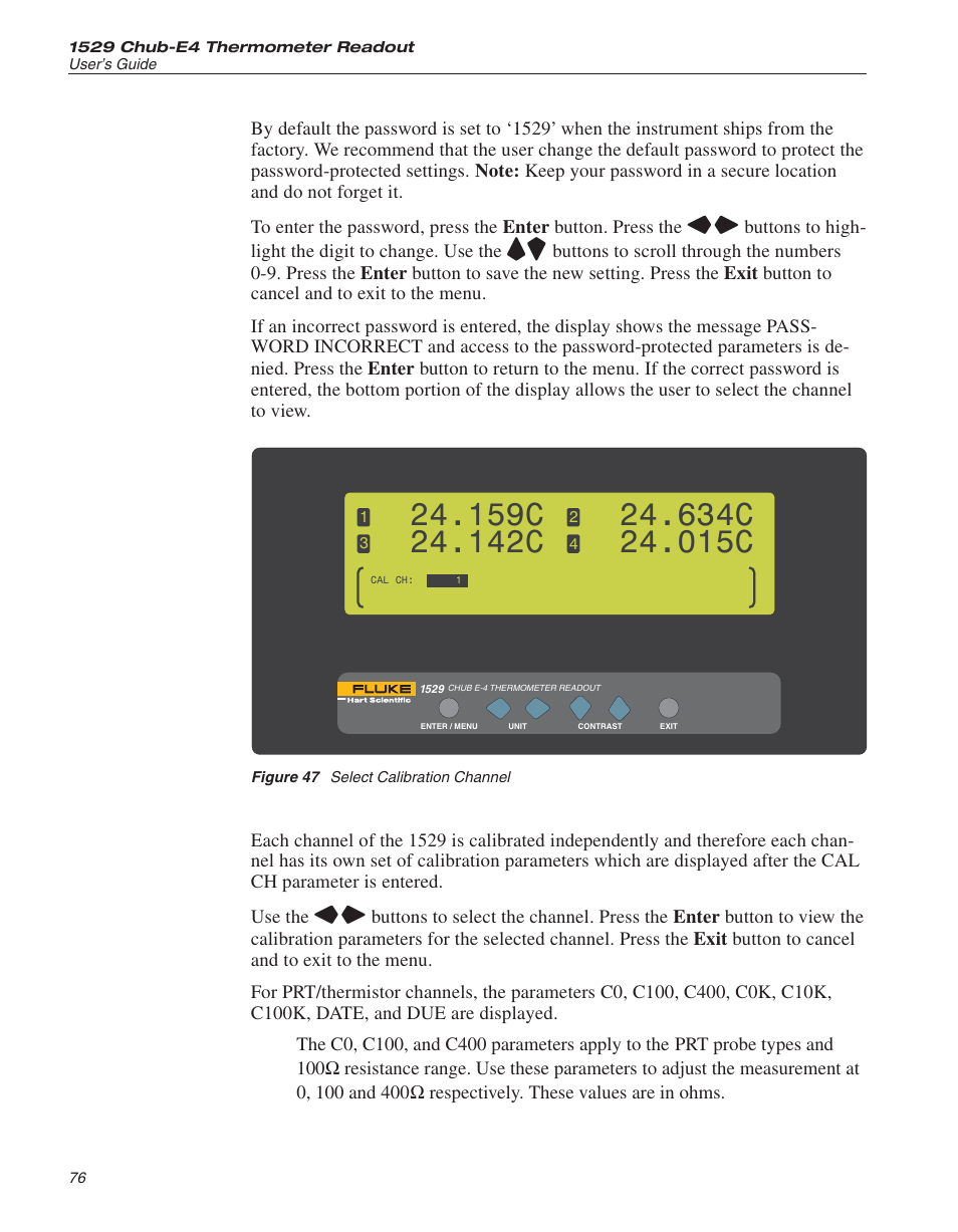 Figure 47 select calibration channel 76, Figure 47, Select calibration channel | 159c, 142c, 634c, 015c | Fluke 1529 Chub-E4 User Manual | Page 82 / 154