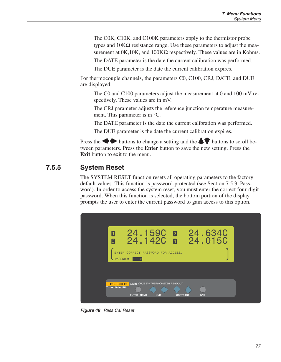 5 system reset 77, Figure 48 pass cal reset 77, Reset 77 | System reset 77, System reset, Figure 48, Pass cal reset, 159c, 142c, 634c | Fluke 1529 Chub-E4 User Manual | Page 83 / 154