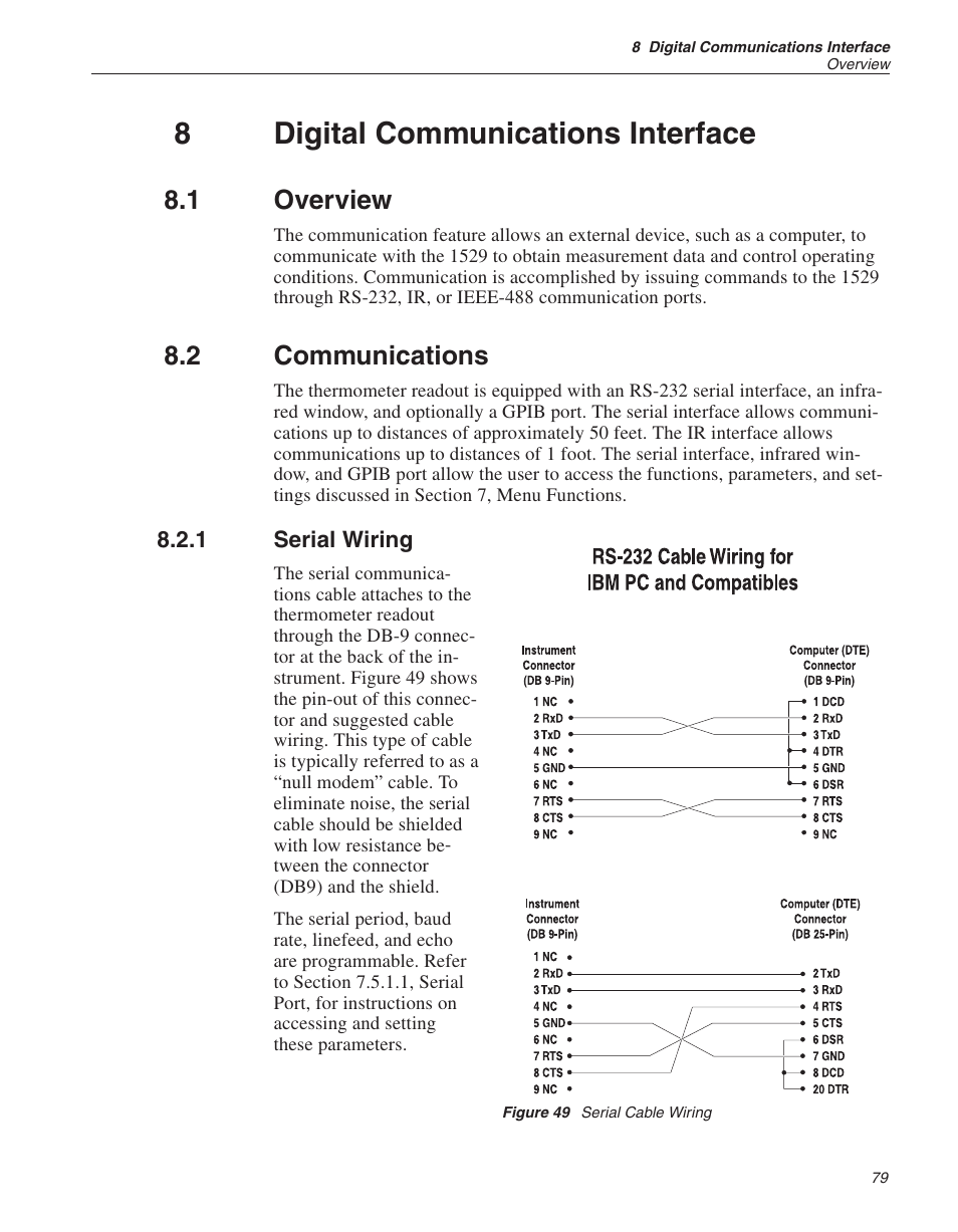 8 digital communications interface 79, 1 overview 79, 2 communications 79 | 1 serial wiring 79, Figure 49 serial cable wiring 79, Gpib 79, Serial interface 79, Digital communications interface, Overview, Communications | Fluke 1529 Chub-E4 User Manual | Page 85 / 154