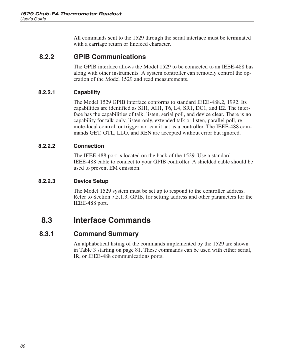 2 gpib communications 80, 1 capability 80, 2 connection 80 | 3 device setup 80, 3 interface commands 80, 1 command summary 80, Commands 80, Gpib communications, Capability, Connection | Fluke 1529 Chub-E4 User Manual | Page 86 / 154