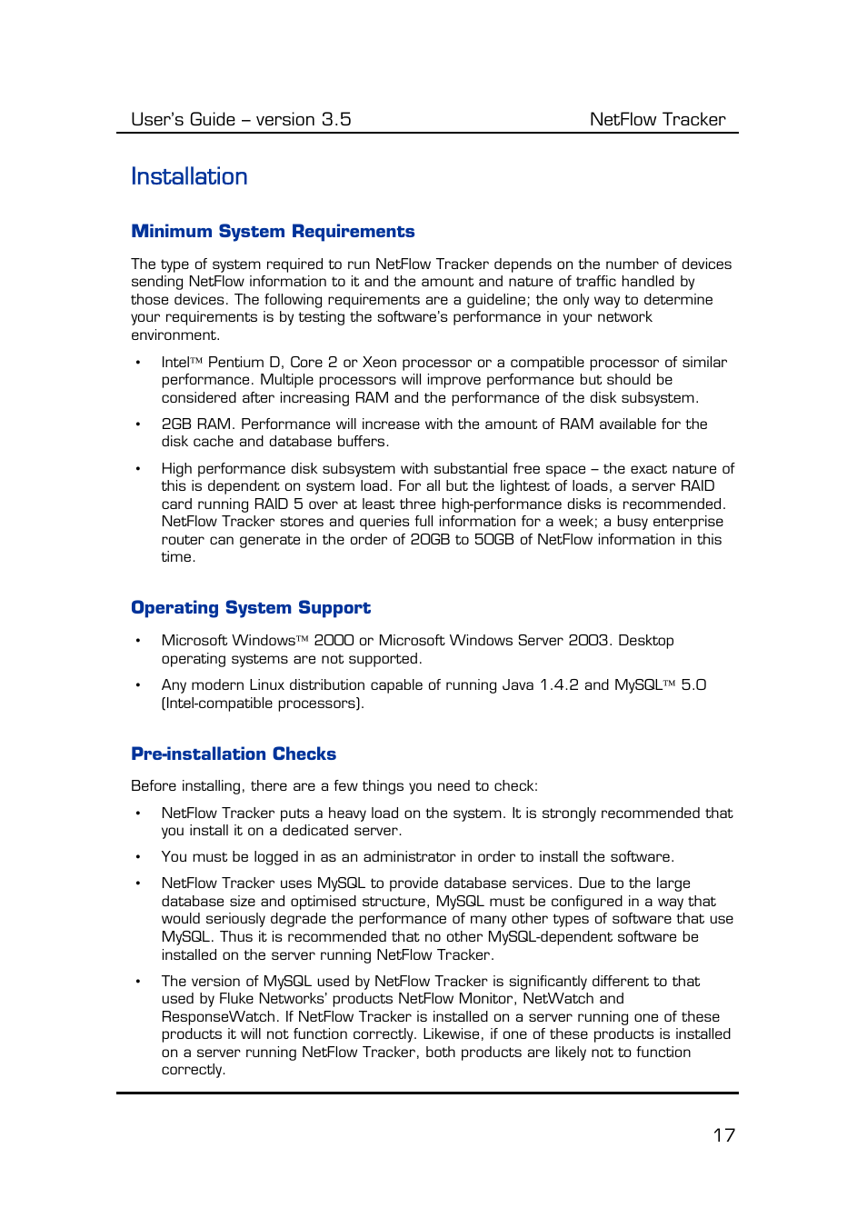 Installation, Minimum system requirements, Operating system support | Pre-installation checks | Fluke Computer Accessories User Manual | Page 17 / 88