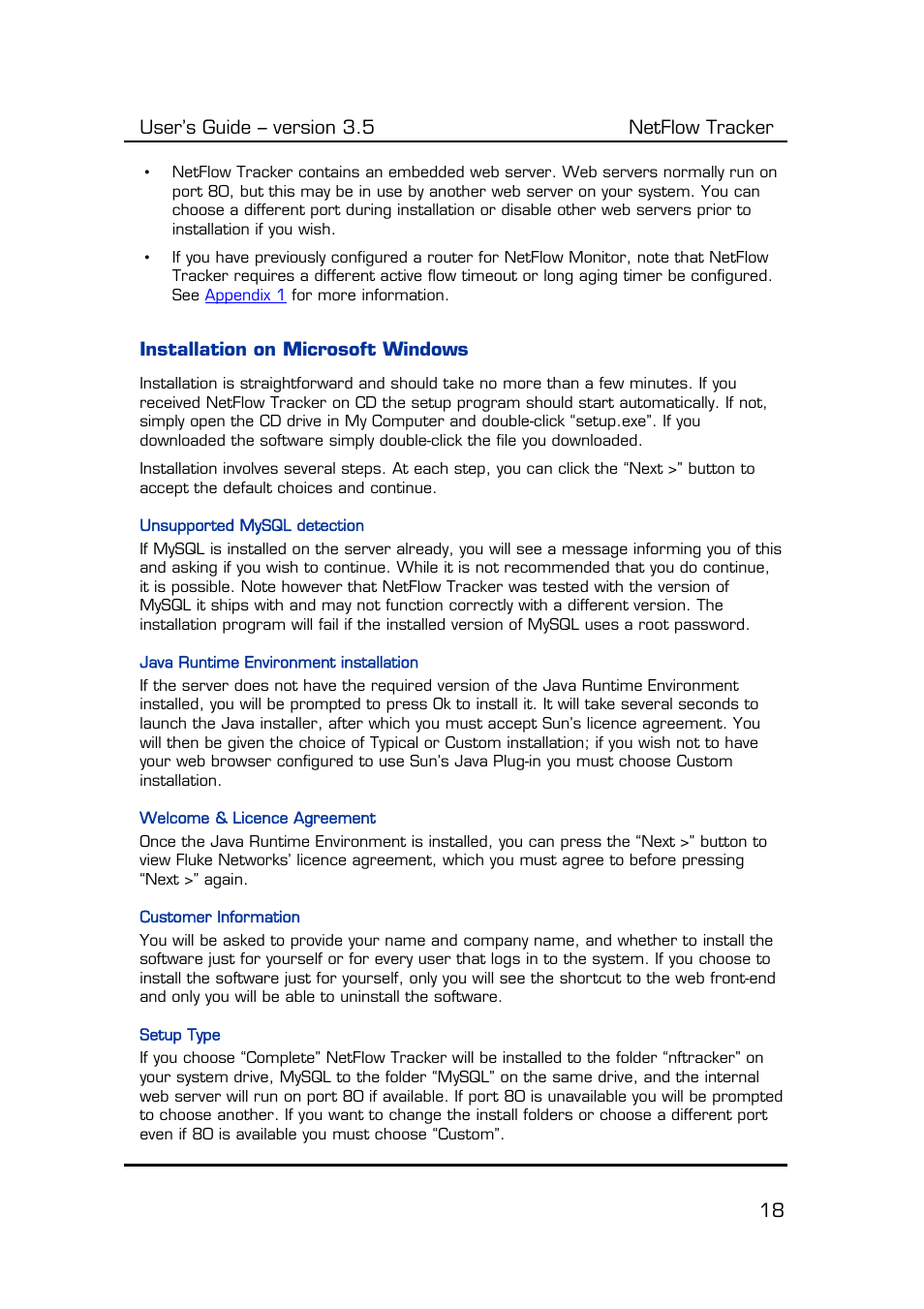 Installation on microsoft windows, Unsupported mysql detection, Java runtime environment installation | Welcome & licence agreement, Customer information, Setup type, User’s guide – version 3.5 netflow tracker 18 | Fluke Computer Accessories User Manual | Page 18 / 88