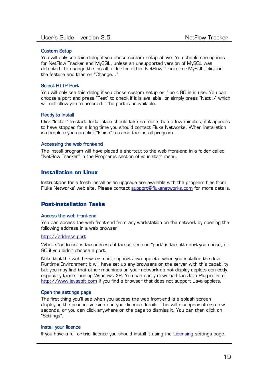 Custom setup, Select http port, Ready to install | Accessing the web front-end, Installation on linux, Post-installation tasks, Access the web front-end, Install your licence, User’s guide – version 3.5 netflow tracker 19 | Fluke Computer Accessories User Manual | Page 19 / 88