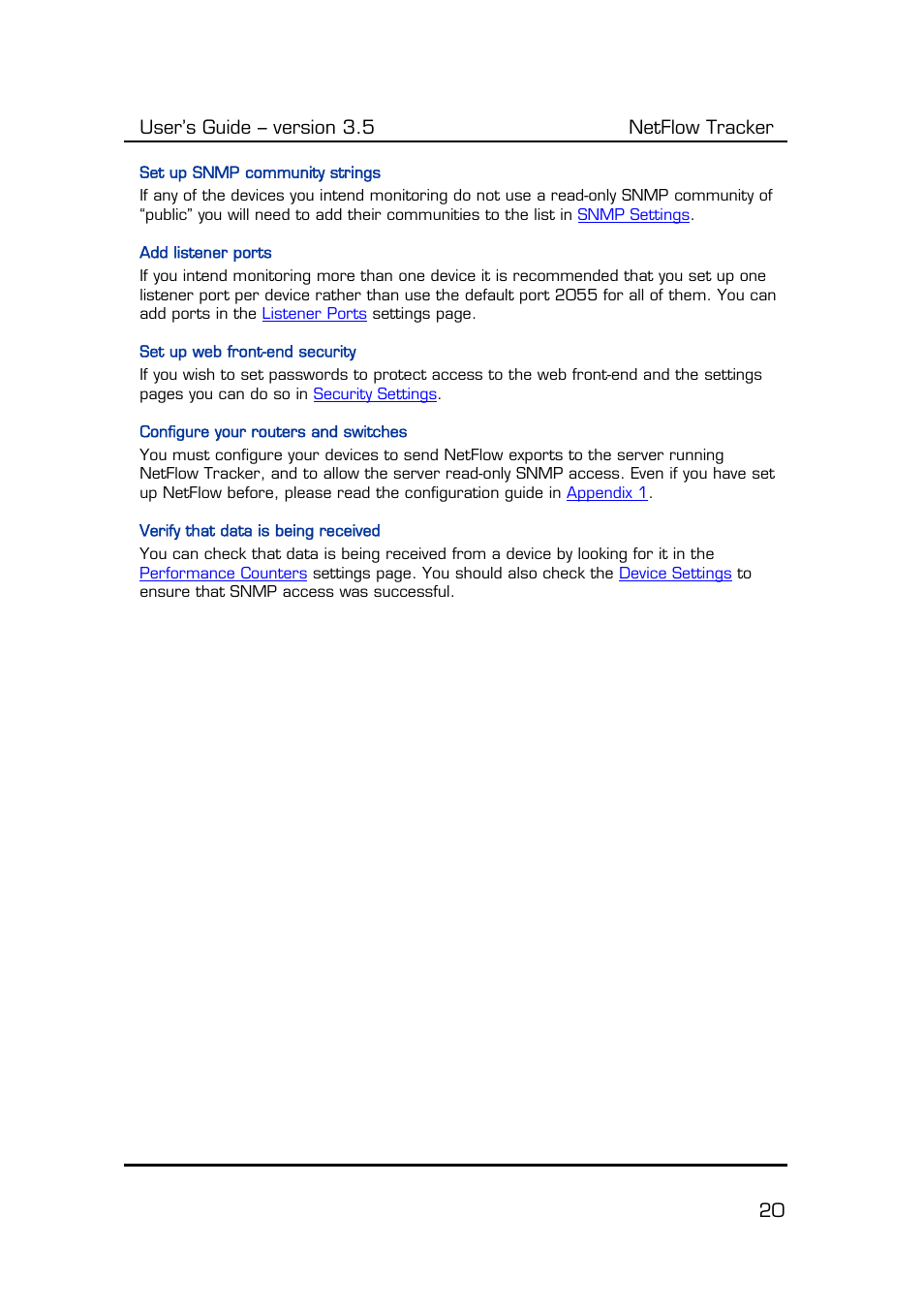 Set up snmp community strings, Add listener ports, Set up web front-end security | Configure your routers and switches, Verify that data is being received, User’s guide – version 3.5 netflow tracker 20 | Fluke Computer Accessories User Manual | Page 20 / 88