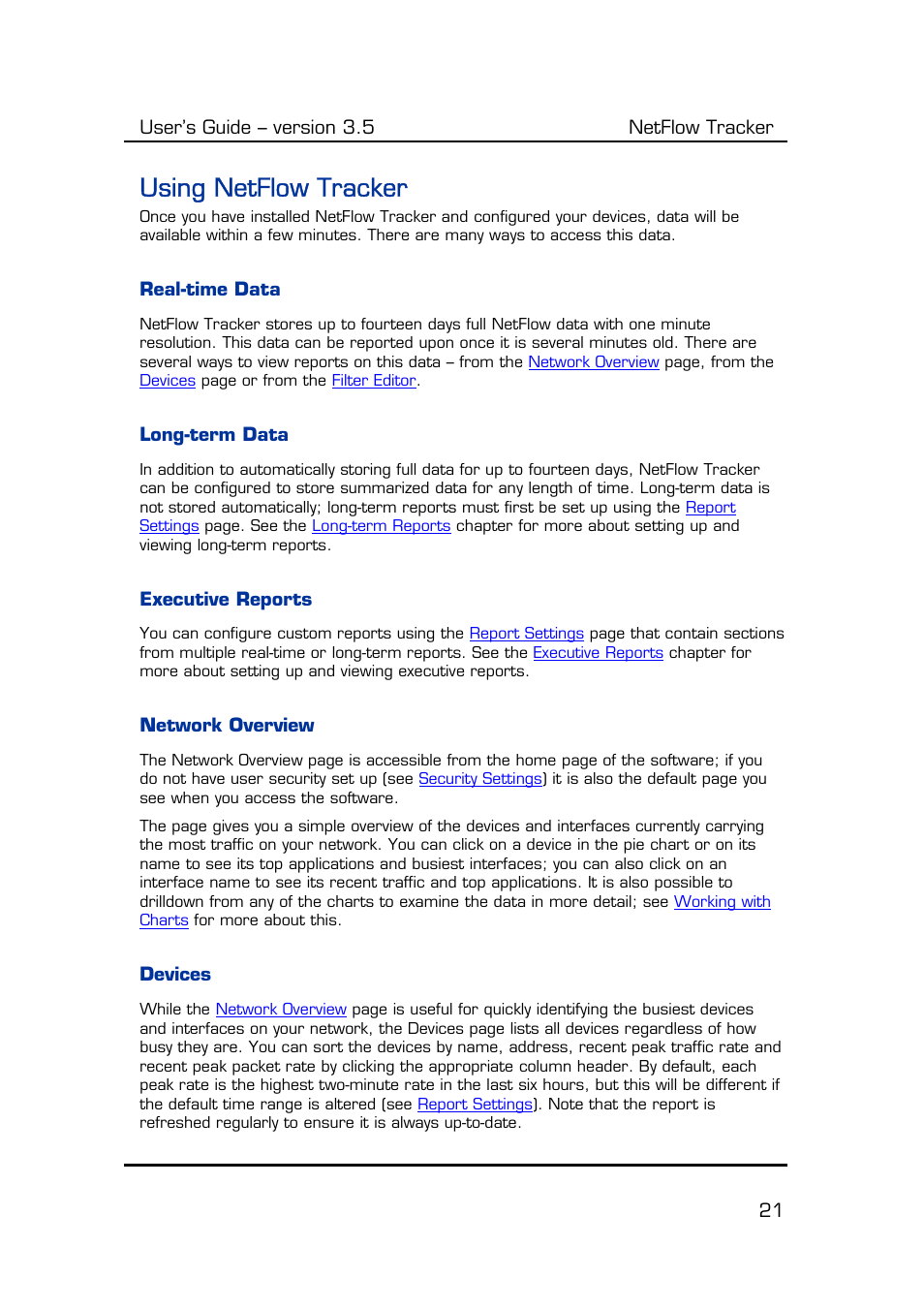 Using netflow tracker, Real-time data, Long-term data | Executive reports, Network overview, Devices | Fluke Computer Accessories User Manual | Page 21 / 88