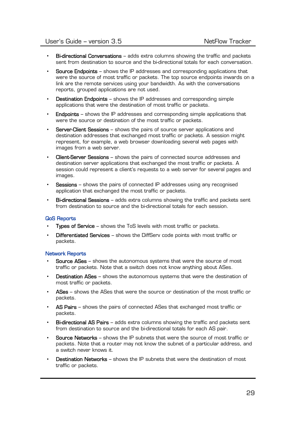 Qos reports, Network reports, User’s guide – version 3.5 netflow tracker 29 | Fluke Computer Accessories User Manual | Page 29 / 88