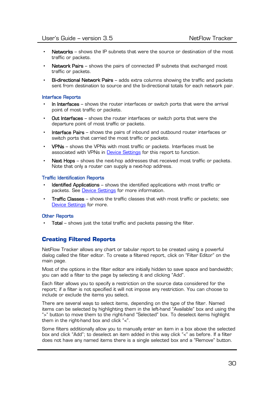 Interface reports, Traffic identification reports, Other reports | Creating filtered reports, Filter editor, Working with tabular reports, User’s guide – version 3.5 netflow tracker 30 | Fluke Computer Accessories User Manual | Page 30 / 88