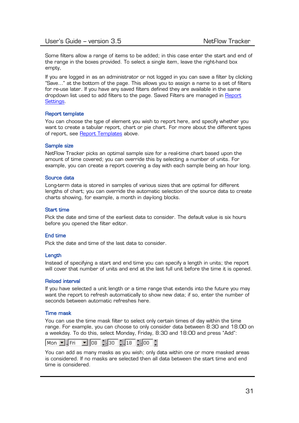 Report template, Sample size, Source data | Start time, End time, Length, Reload interval, Time mask, User’s guide – version 3.5 netflow tracker 31 | Fluke Computer Accessories User Manual | Page 31 / 88