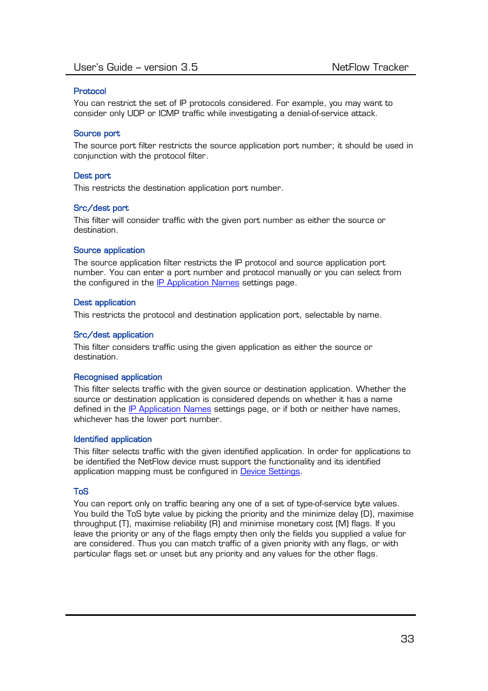Protocol, Source port, Dest port | Src/dest port, Source application, Dest application, Src/dest application, Recognised application, Identified application, User’s guide – version 3.5 netflow tracker 33 | Fluke Computer Accessories User Manual | Page 33 / 88