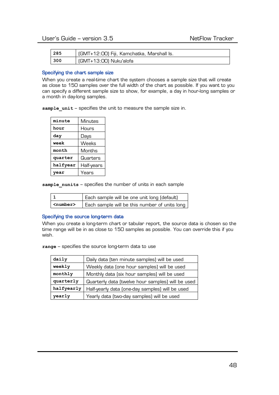 Specifying the chart sample size, Specifying the source long-term data, User’s guide – version 3.5 netflow tracker 48 | Fluke Computer Accessories User Manual | Page 48 / 88