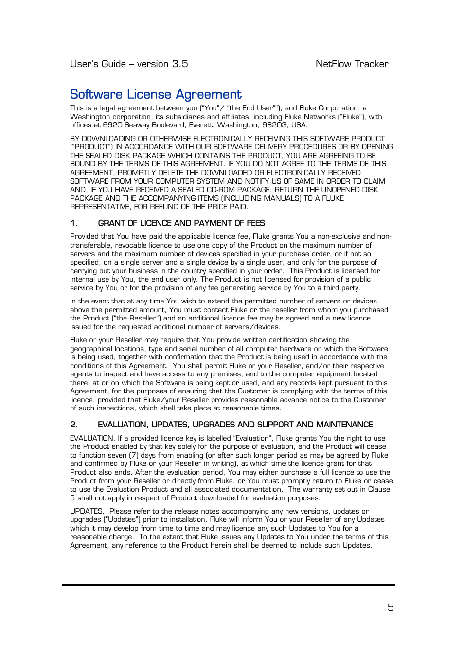 Software license agreement, User’s guide – version 3.5 netflow tracker 5 | Fluke Computer Accessories User Manual | Page 5 / 88