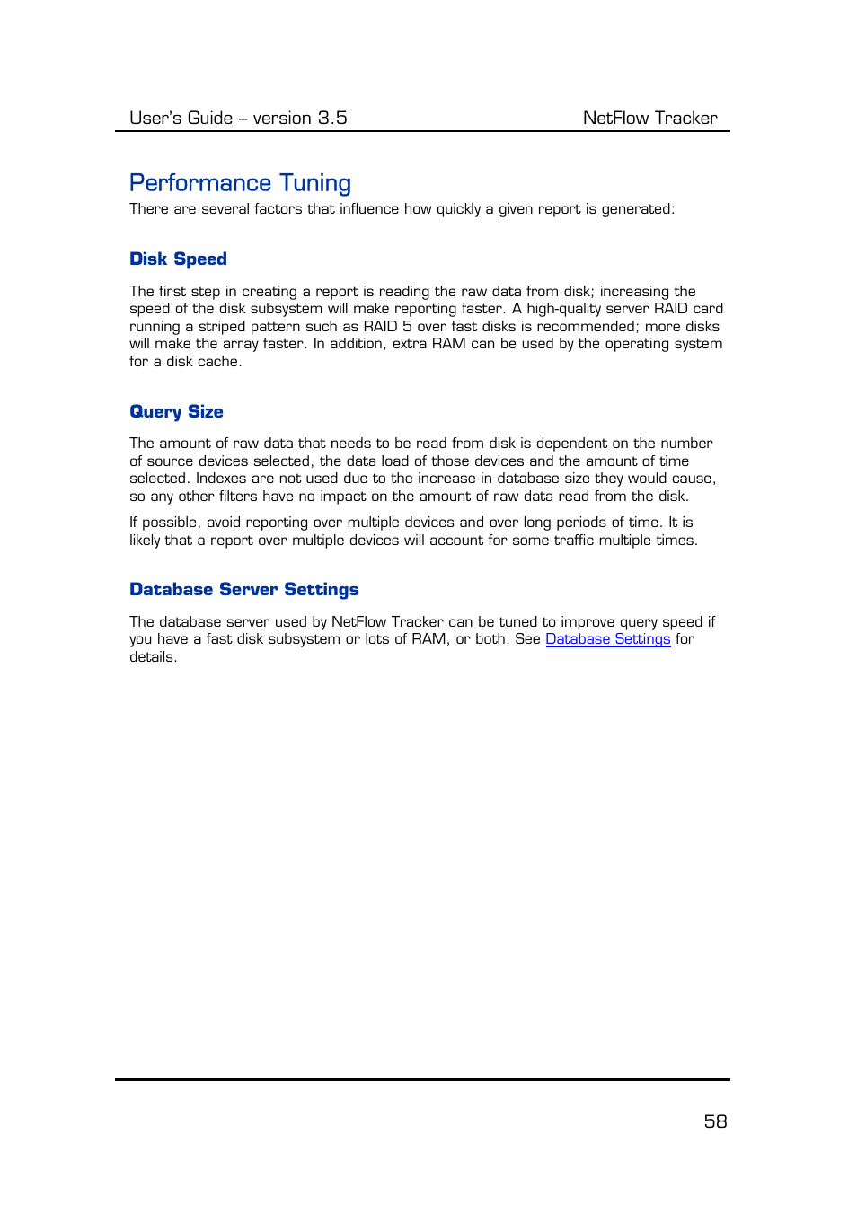 Performance tuning, Disk speed, Query size | Database server settings | Fluke Computer Accessories User Manual | Page 58 / 88