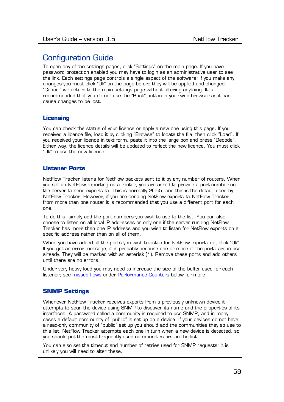 Configuration guide, Licensing, Listener ports | Snmp settings | Fluke Computer Accessories User Manual | Page 59 / 88