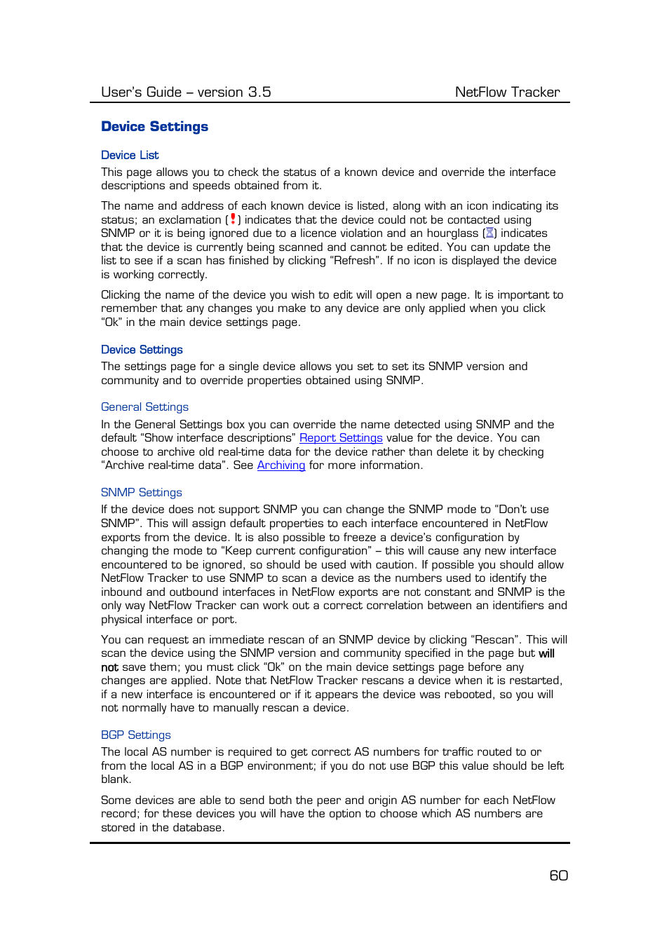 Device settings, Device list, General settings | Snmp settings, Bgp settings | Fluke Computer Accessories User Manual | Page 60 / 88