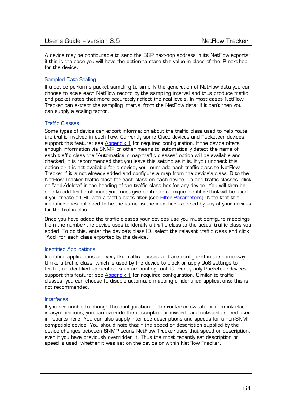 Sampled data scaling, Traffic classes, Identified applications | Interfaces, User’s guide – version 3.5 netflow tracker 61 | Fluke Computer Accessories User Manual | Page 61 / 88