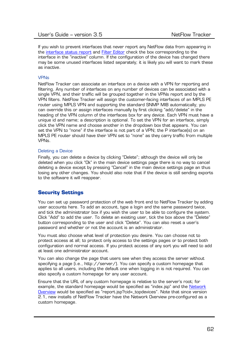 Vpns, Deleting a device, Security settings | User’s guide – version 3.5 netflow tracker 62 | Fluke Computer Accessories User Manual | Page 62 / 88
