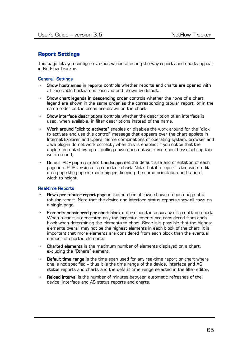 Report settings, General settings, Real-time reports | Report, Settings, Ip application names, Is available in | Fluke Computer Accessories User Manual | Page 65 / 88