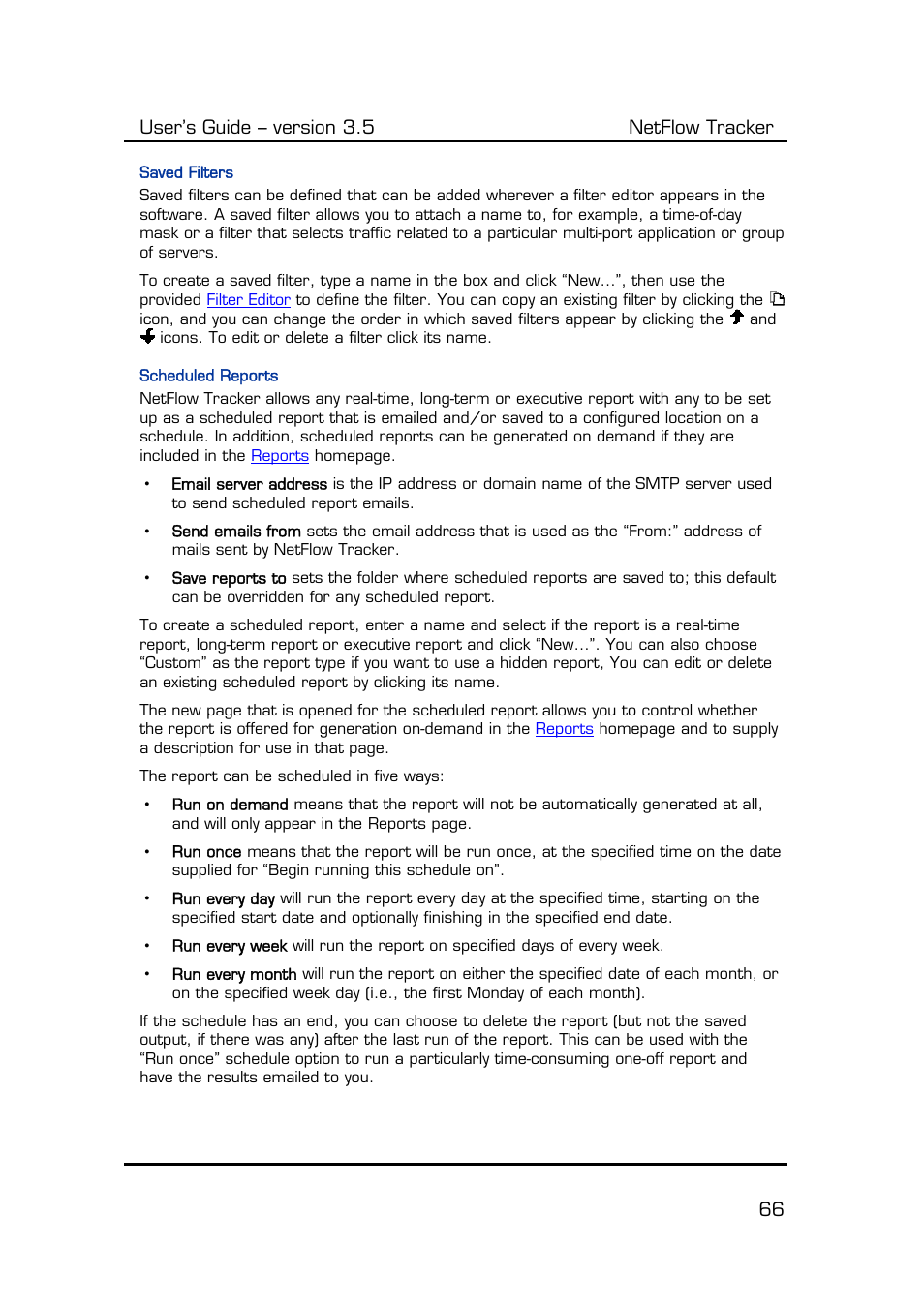 Saved filters, Scheduled reports, User’s guide – version 3.5 netflow tracker 66 | Fluke Computer Accessories User Manual | Page 66 / 88
