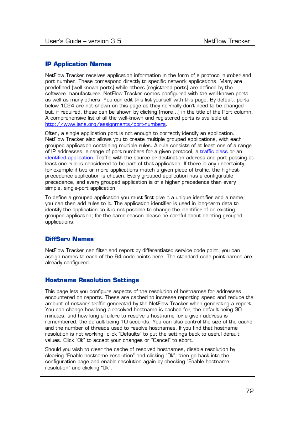 Ip application names, Diffserv names, Hostname resolution settings | Fluke Computer Accessories User Manual | Page 72 / 88