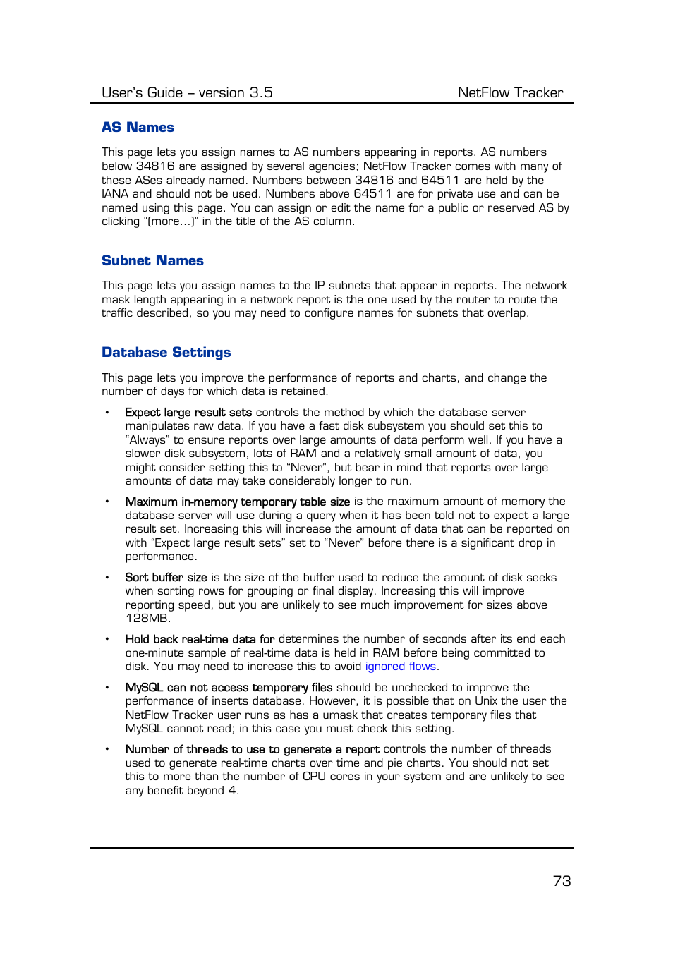 As names, Subnet names, Database settings | Database, Settings | Fluke Computer Accessories User Manual | Page 73 / 88