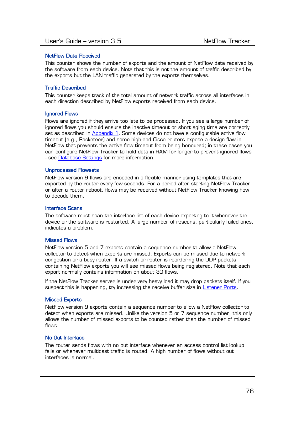 Netflow data received, Traffic described, Ignored flows | Unprocessed flowsets, Interface scans, Missed flows, Missed exports, No out interface, User’s guide – version 3.5 netflow tracker 76 | Fluke Computer Accessories User Manual | Page 76 / 88