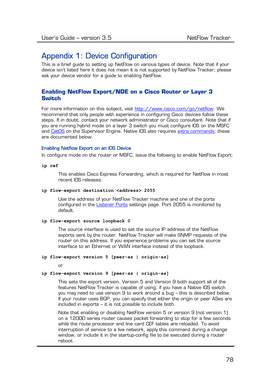 Appendix 1: device configuration, Enabling netflow export on an ios device, Appendix 1 | Fluke Computer Accessories User Manual | Page 78 / 88