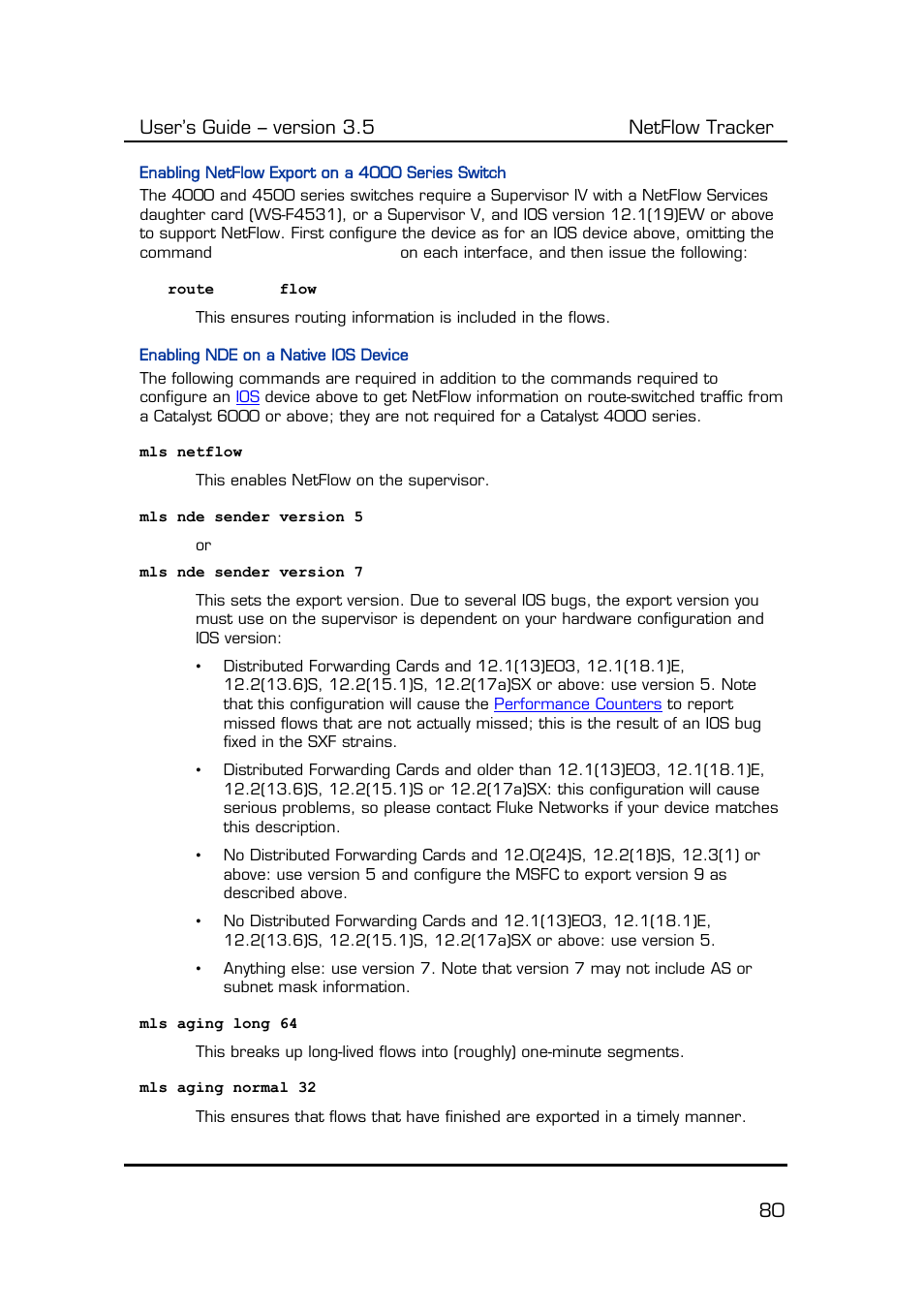 Enabling netflow export on a 4000 series switch, Enabling nde on a native ios device, Extra commands | Input filters, User’s guide – version 3.5 netflow tracker 80 | Fluke Computer Accessories User Manual | Page 80 / 88