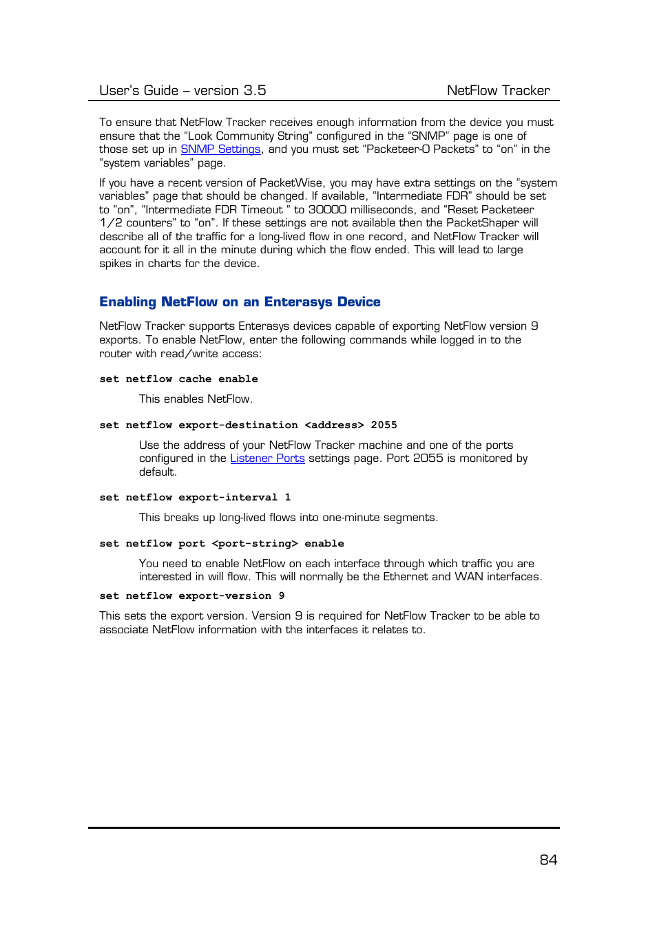 Enabling netflow on an enterasys device, User’s guide – version 3.5 netflow tracker 84 | Fluke Computer Accessories User Manual | Page 84 / 88