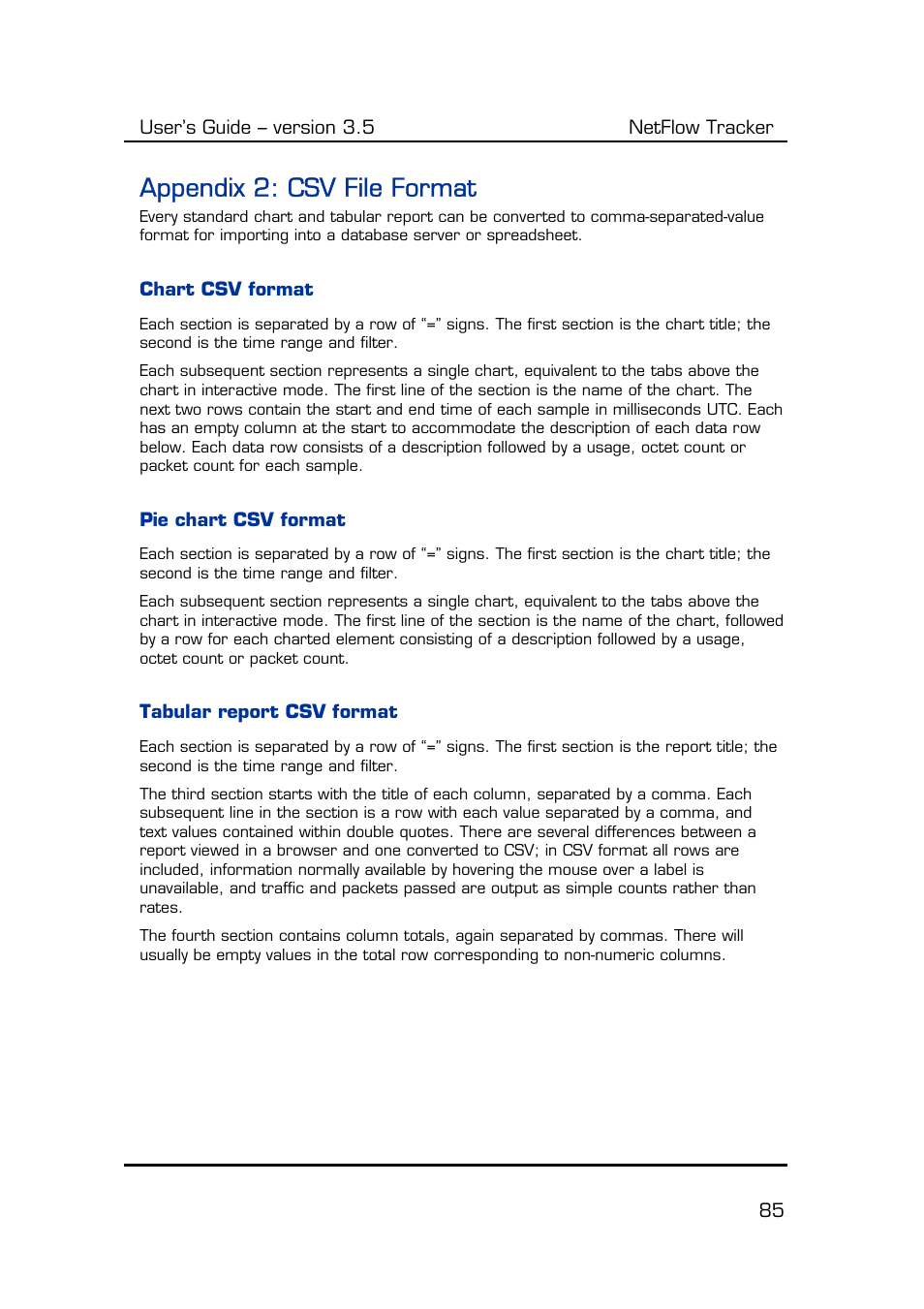 Appendix 2: csv file format, Chart csv format, Pie chart csv format | Tabular report csv format, Appendix 2 | Fluke Computer Accessories User Manual | Page 85 / 88