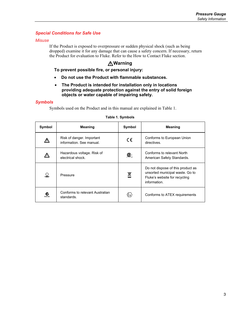 Special conditions for safe use, Symbols | Fluke 700G User Manual | Page 11 / 26