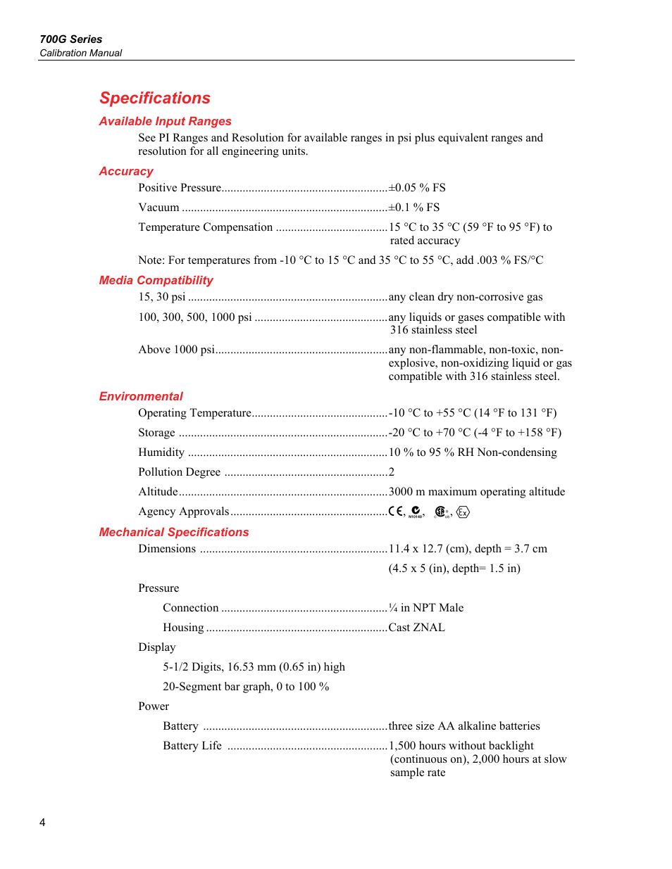 Specifications, Available input ranges, Accuracy | Media compatibility, Environmental, Mechanical specifications | Fluke 700G User Manual | Page 12 / 26