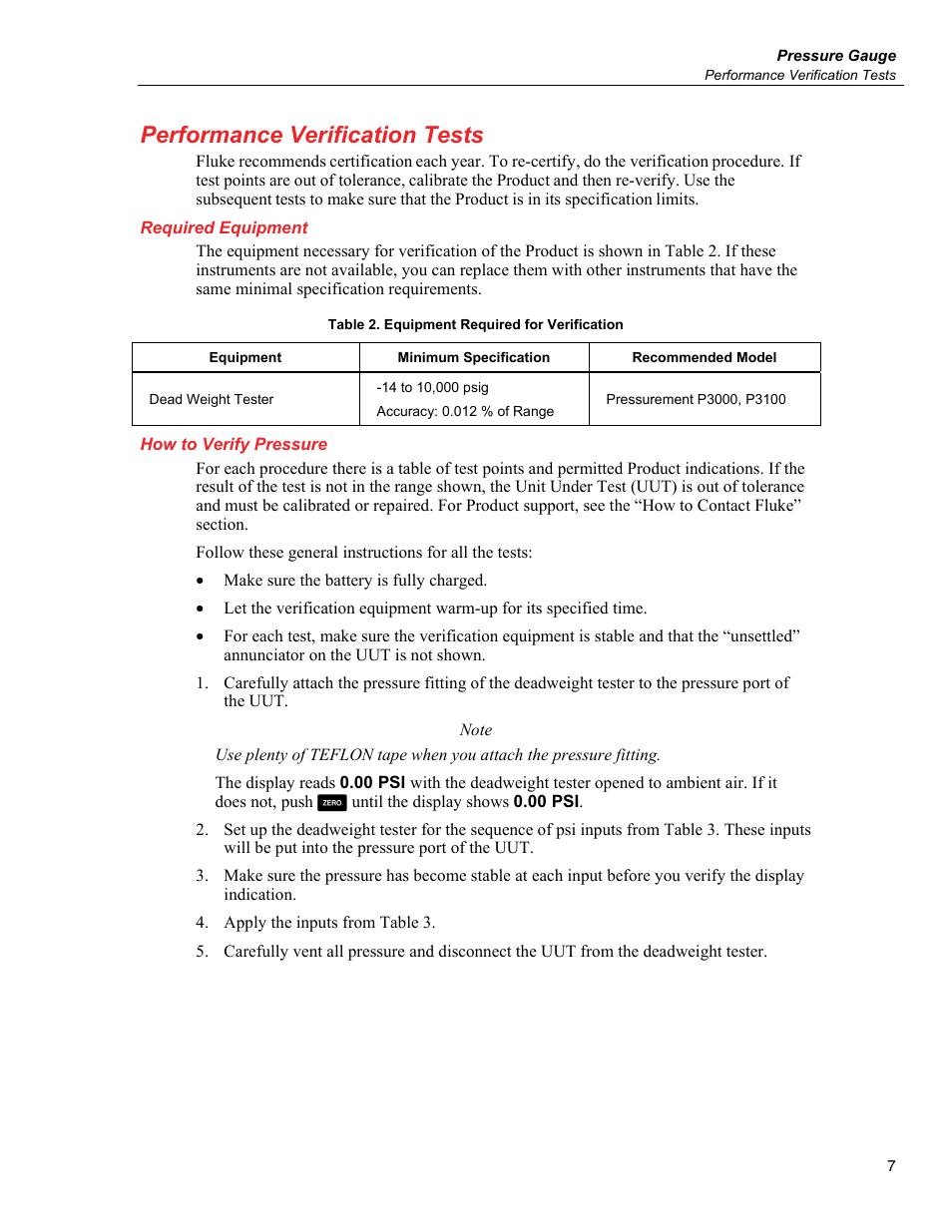Performance verification tests, Required equipment, How to verify pressure | Fluke 700G User Manual | Page 17 / 26