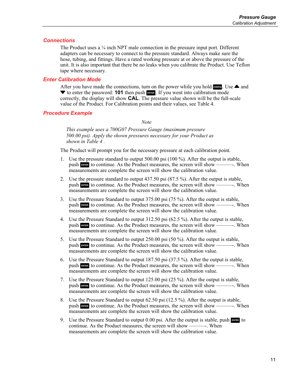 Connections, Enter calibration mode, Procedure example | Fluke 700G User Manual | Page 21 / 26