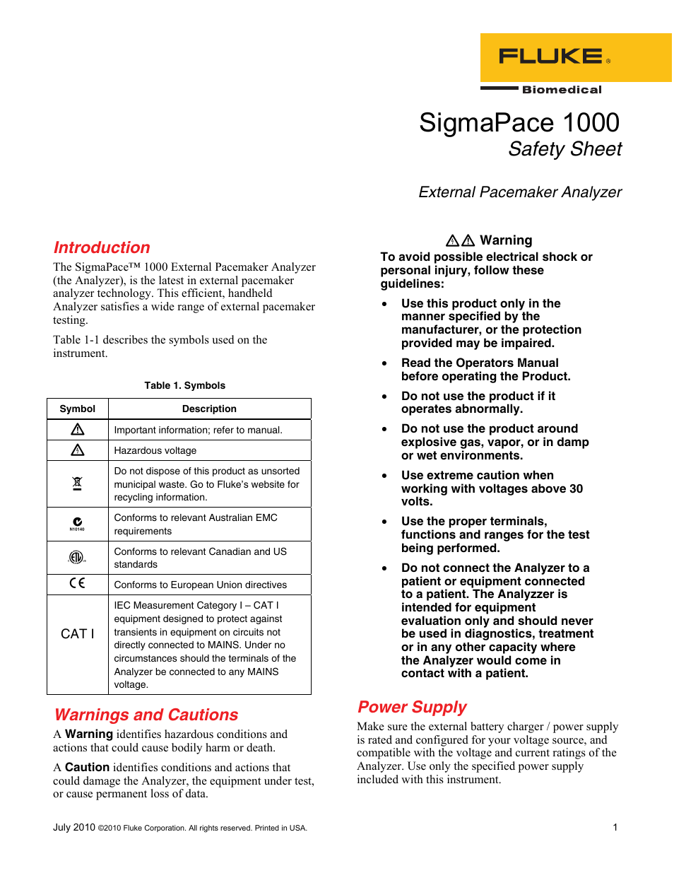 Fluke SIGMAPACE 1000 User Manual | 2 pages