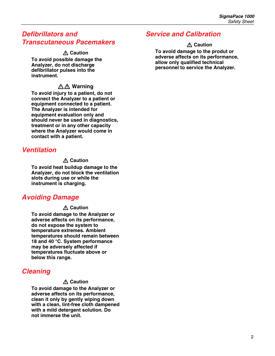 Defibrillators and transcutaneous pacemakers, Ventilation, Avoiding damage | Cleaning, Service and calibration | Fluke SIGMAPACE 1000 User Manual | Page 2 / 2