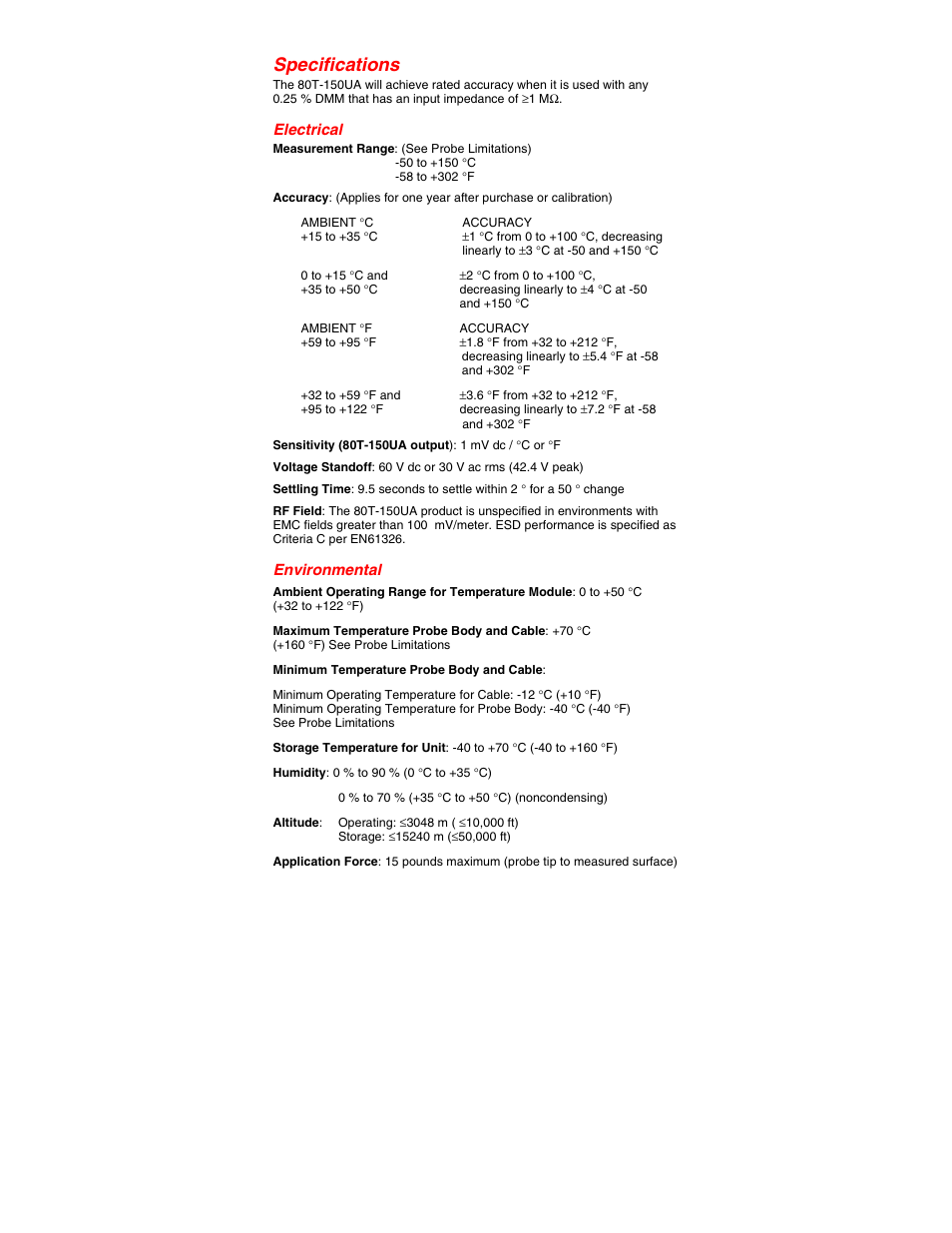 Specifications | Fluke 80T-150UA User Manual | Page 2 / 6
