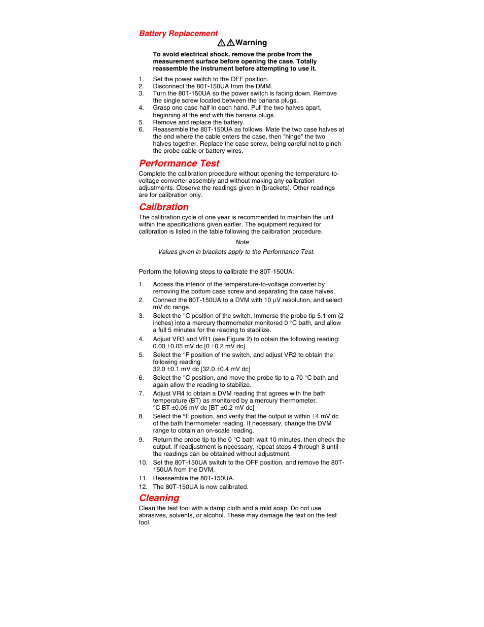 Performance test, Calibration, Cleaning | Fluke 80T-150UA User Manual | Page 5 / 6