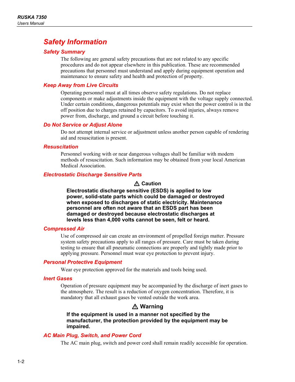 Safety information, Safety summary, Keep away from live circuits | Do not service or adjust alone, Resuscitation, Electrostatic discharge sensitive parts, Compressed air, Personal protective equipment, Inert gases, Ac main plug, switch, and power cord | Fluke RUSKA 7350 User Manual | Page 12 / 78