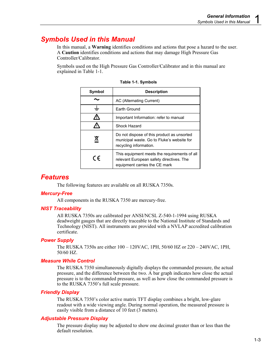Symbols used in this manual, Features, Mercury-free | Nist traceability, Power supply, Measure while control, Friendly display, Adjustable pressure display | Fluke RUSKA 7350 User Manual | Page 13 / 78