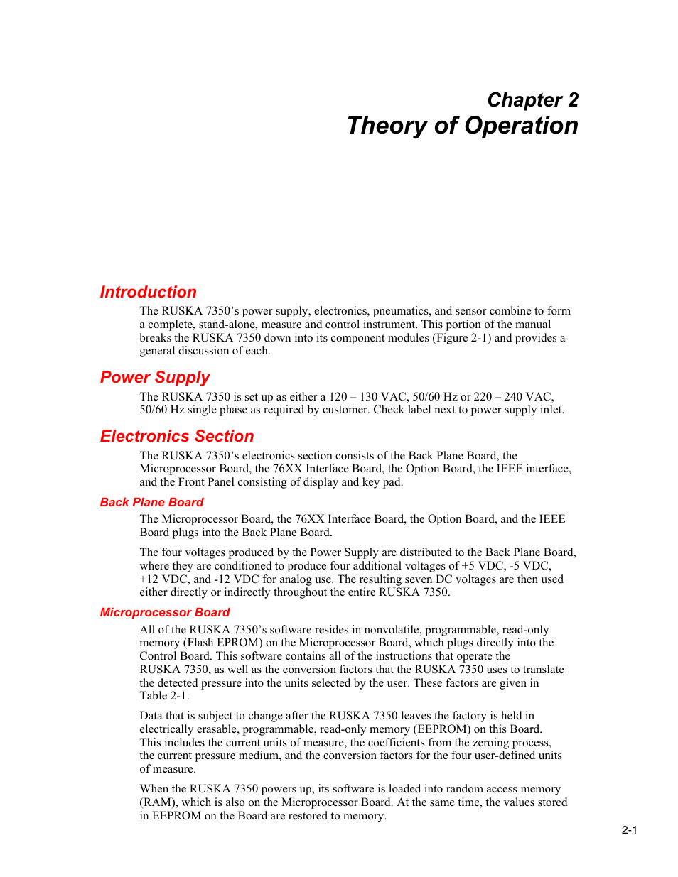 Theory of operation, Introduction, Power supply | Electronics section, Back plane board, Microprocessor board, Chapter 2 | Fluke RUSKA 7350 User Manual | Page 17 / 78