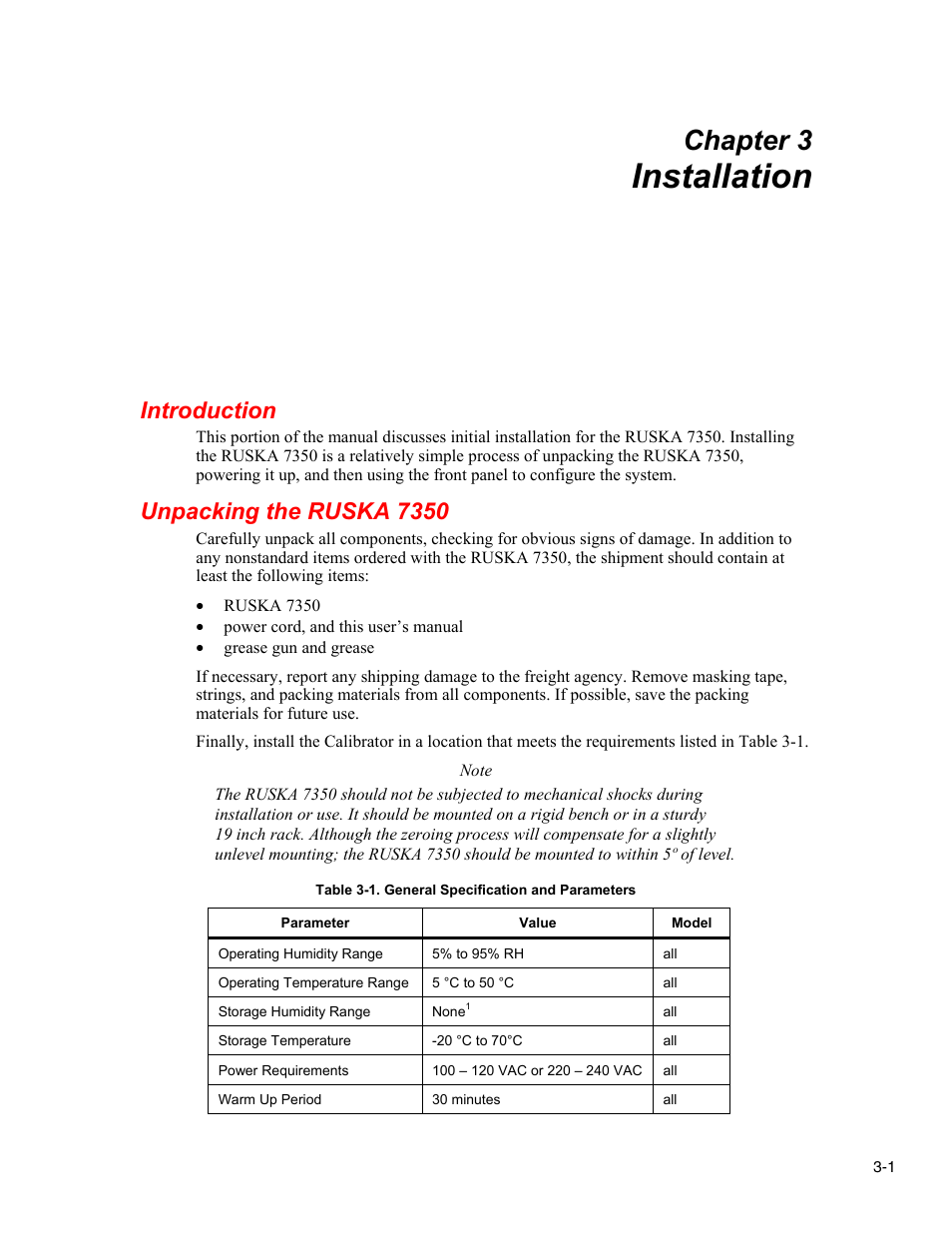 Installation, Introduction, Unpacking the ruska 7350 | Chapter 3 | Fluke RUSKA 7350 User Manual | Page 23 / 78