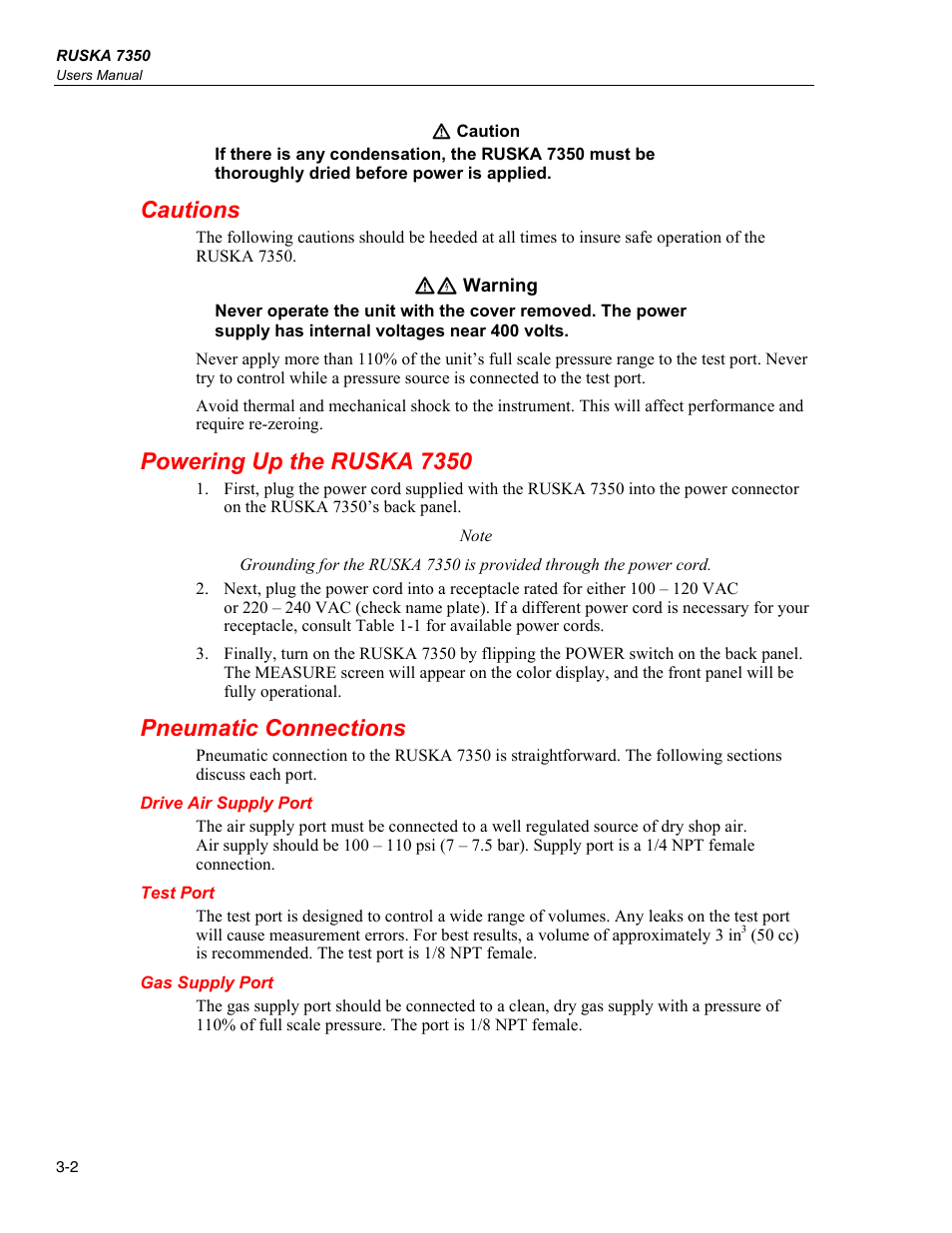 Cautions, Powering up the ruska 7350, Pneumatic connections | Drive air supply port, Test port, Gas supply port | Fluke RUSKA 7350 User Manual | Page 24 / 78