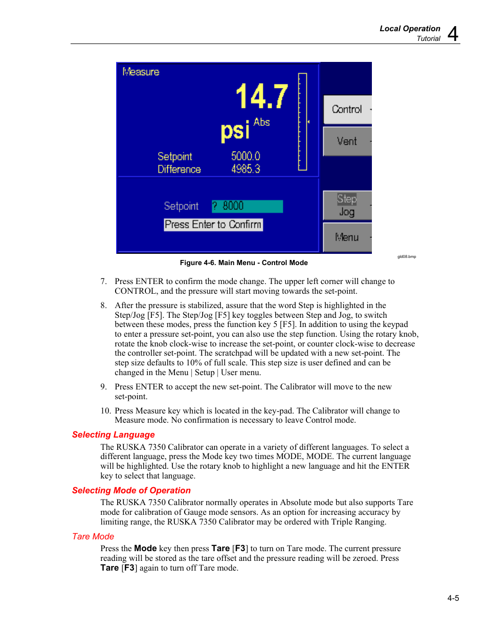 Selecting language, Selecting mode of operation, Tare mode | Fluke RUSKA 7350 User Manual | Page 29 / 78